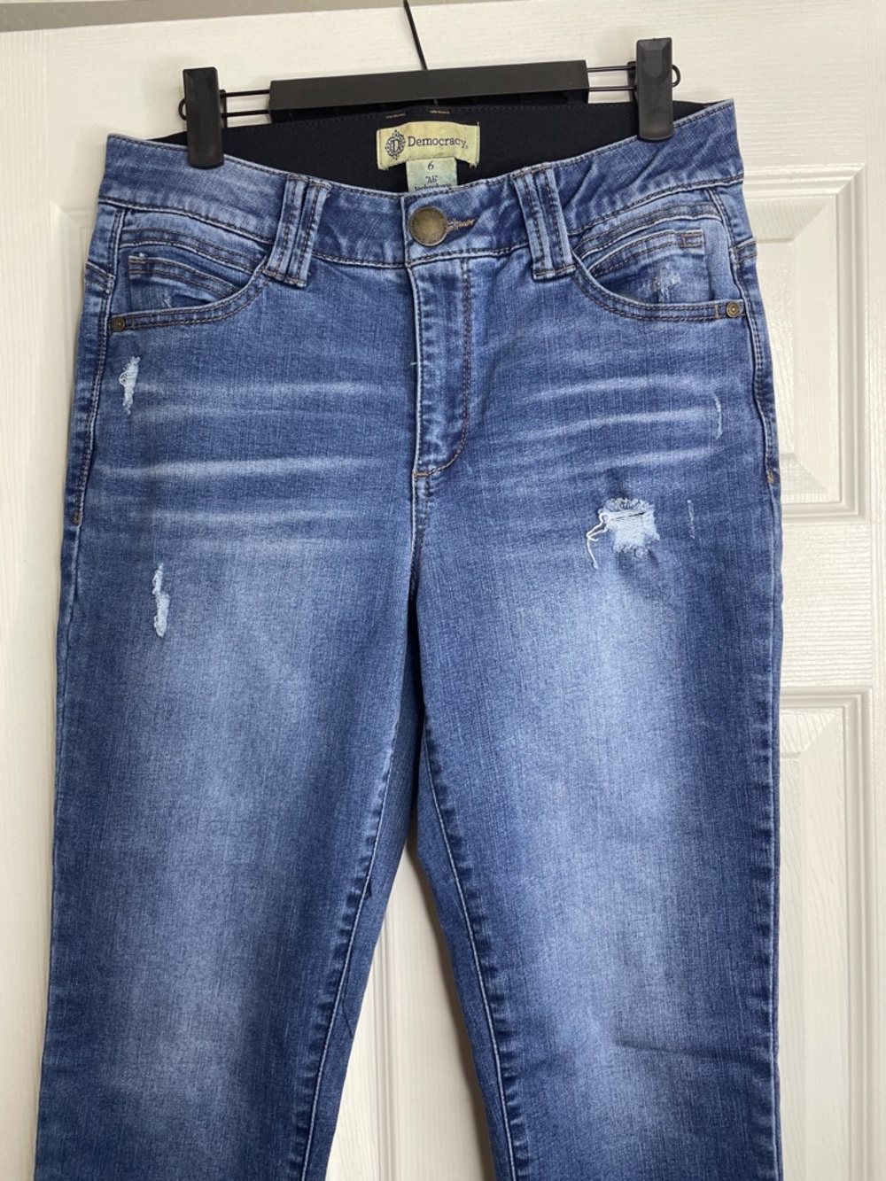 Democracy Skinny Jeans in Medium Blue Wash with Distress